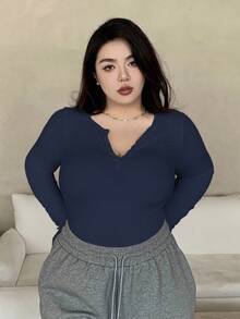Dazy Plus Plus Size Women's Button Front Long Sleeve T-Shirt,Fall Clothes - Royal Blue - View 4