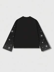 ROMWE MEN Street Life 男士闪光钻石哥特式印花长袖T恤，宽松短款，秋季 - 黑色 - 查看 6