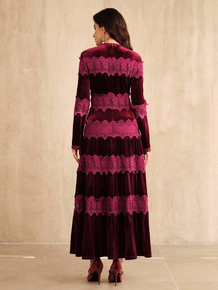 Burgundy Elegant Velvet Patchwork Lace Trim Long Sleeve Dress For Women, Suitable For Fall, Winter, New Year, Party, Wedding