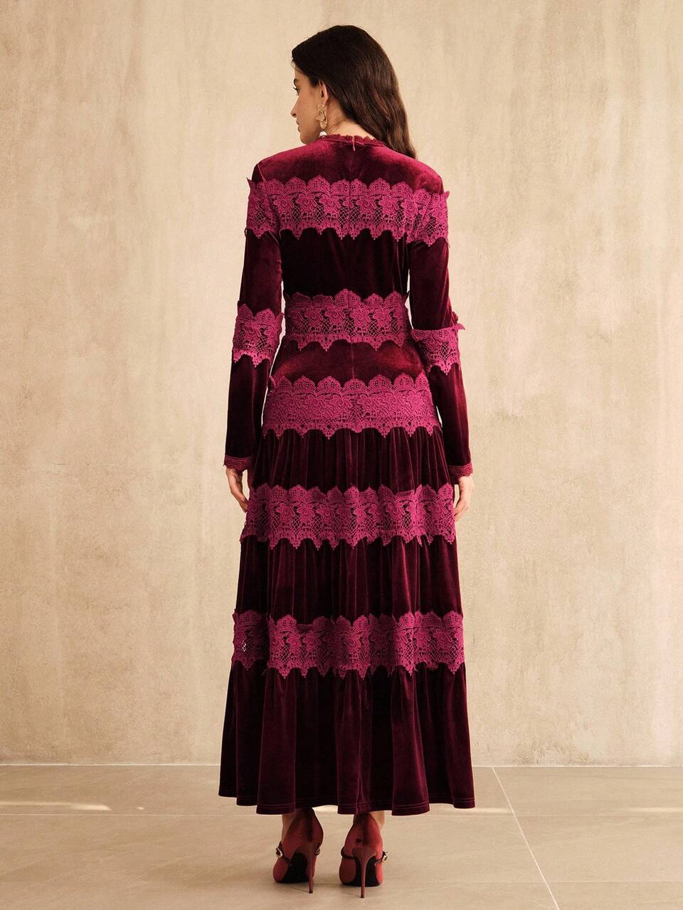 Burgundy Elegant Velvet Patchwork Lace Trim Long Sleeve Dress For Women, Suitable For Fall, Winter, New Year, Party, Wedding