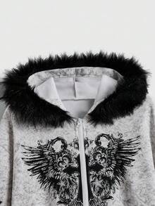 ROMWE Fairycore Kpop 十字翅膀印花水钻做旧毛绒连帽衫，适合毕业季、返校季、毕业典礼、教师节等场合穿着。 - 白色 - 查看 4