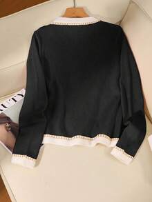 GlowEve Women's Autumn/Winter Contrast Color Soft & Versatile Knitted Cardigan Sweater - Black - View 2