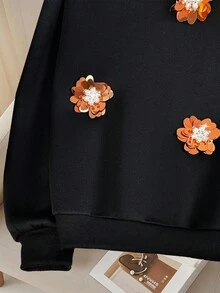 GlowEve 女式花卉亮片装饰圆领宽松休闲运动衫，秋季 - 黑色 - 查看 6