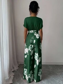 Elenzga Women's V-Neck Loose Pleated Waist Print Long Jumpsuit - Green - View 2