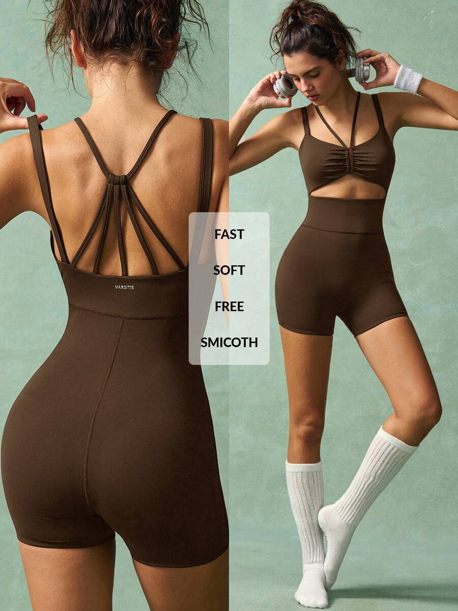 VARSITIE Conjunto deportivo de mujer de unicolor con diseño calado, tipo camiseta y pantalón corto