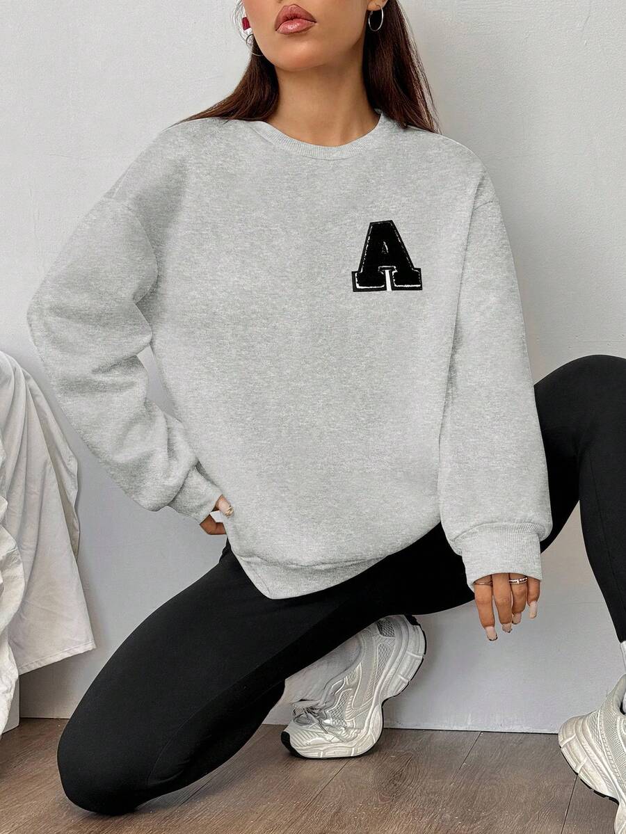 SHEIN EZwear 女士秋冬新款运动卫衣和打底裤套装 女士卫衣 刺绣卫衣 灰色卫衣 两件套休闲套装 女士卫衣 - 淺灰色 - 查看 1