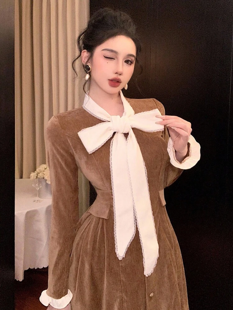 Elegant Contrast Color Ribbon Collar Mid-Length Dress For Women, Autumn