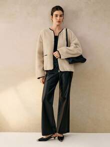 Cévolie 女士秋冬新款百搭圆领宽松羊羔绒抓绒复合皮草外套 - 杏色 - 查看 4