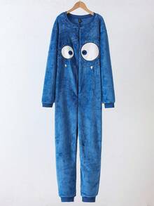 Snug Zone Men's Funny Monster Expression Fleece Blue Furry Long Sleeve Zipper Front Jumpsuit, Cute Graphic Design, Ideal For Fathers To Match With Kids In Winter For Playful Interaction, Fall Winter Funny Fluffy Pajamas, Cozy - Blue - View 8
