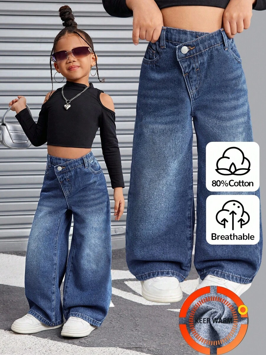 SHEIN 女童Y2K复古蓝色牛仔保暖内衬不对称腰宽松裤，秋冬季，清凉/女童感恩节，儿童阔腿牛仔裤 - 深色水洗藍 - 查看 1