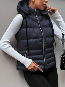 EURMUSE Zip Up Drawstring Hooded Puffer Vest Coat - Navy Blue - View 3