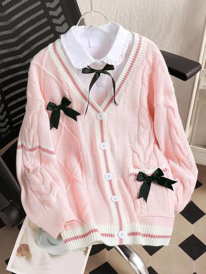 Sparklyn 1pc Girls' Cardigan, Sweet Princess Style, Textured Knit, Contrast Collar, Black Bow Decor, V-Neck, Long Sleeve Sweater Cardigan, Regular Thickness, Versatile, Soft & Comfortable Knit Jacket, Suitable For Daily, School, Outings, Spring & Autumn