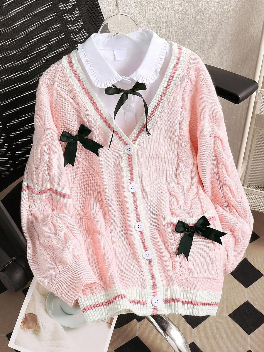 Sparklyn 1 Áo khoác len cardigan cho bé gái, phong cách công chúa ngọt ngào, dệt kim họa tiết, cổ áo tương phản, trang trí nơ đen, cổ chữ V, áo khoác len cardigan tay dài, độ dày thông thường, đa năng, áo khoác len mềm mại và thoải mái, thích hợp mặc hàng ngày, đi học, đi chơi, mùa xuân và mùa thu - Hồng - Xem 1