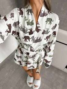 EURMUSE Women Cotton Cute Animal Pattern Long Sleeve Belted Cute Homewear Robe For Ladies - White - View 6
