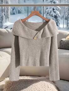 SHEIN Clasi 大码女式纯色针织高领长袖短款简约优雅套头衫，冬季