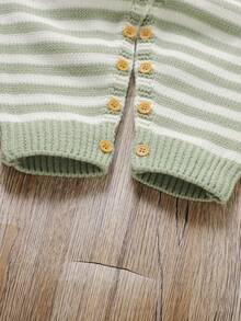 Pale Green Infant Knitted Romper: Round Neck Long Sleeve Simple Striped Design, Fashionable Jumpsuit Versatile Style Baby Boys Winter Clothes Baby Boys Fall Clothes Baby Boys Fall Outfits
