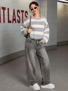 Sparklyn 少女时尚休闲百搭黑白条纹毛衣，少女毛衣，少女上衣，少女长袖毛衣，秋冬季 - 灰色 - 查看 3