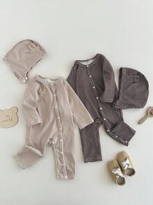 SHEIN 2pcs Baby Boys Striped Fleece Thickened Romper + Hat Set, Round Neck Warm Soft Fabric, Khaki & Coffee Color Korean Style Casual Versatile, Snap Button Design Easy To Wear, Long Sleeve & Pants Bodysuit Suitable For Outdoor In Winter, New Arrival Fall