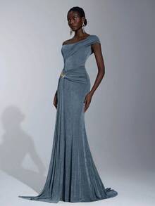 Elitara Elegant, Romantic, Sexy, Minimalist, Yellow-Green-Brown, Knitted Stretchy Fabric, Fishbone, Bust Cup, Fishtail Skirt Hem, Trailing, Fashionable, Influencer, Festival, Vacation, Birthday Party, Wedding Event, Formal Gala Dress - Dusty Blue - View 5