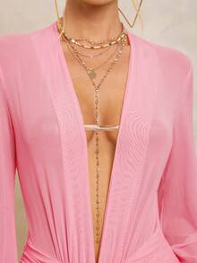 Lumalex 女式超长连衣裙，搭配紧身裤、透视 V 领、泡泡袖、褶饰系带、可拆卸金属扣和超大裙摆 - 粉色 - 查看 7