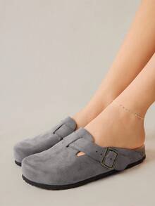 Solecia Women's Solid Color Round Toe Casual Versatile Flat Slide Sandals - Grey - View 7