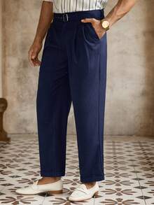 HIMLAND Men's Casual Solid Color Carrot Pants With Belt Decoration