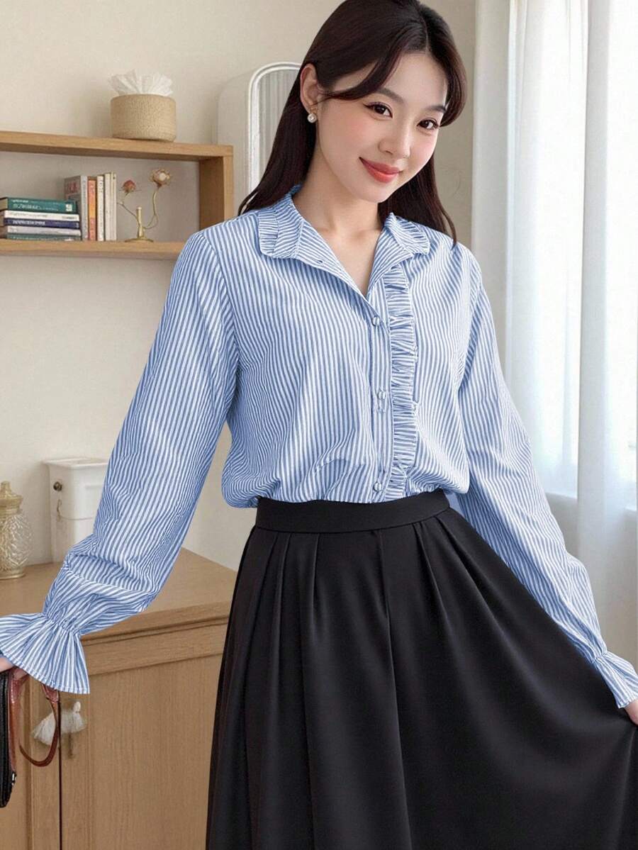 SHEIN Teen Girls Ruffled Collar Lantern Sleeve Casual Versatile Blue Shirt, Elegant Palace Style Blue Shirt Fall Winter - Blue and White - View 1