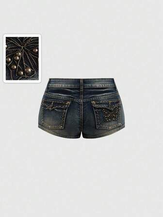 Fairycore شورتات جينز نسائية بخصر منخفض جدًا وطول قصير جدًا من طراز Y2K، مزخرفة بنقشة الفراشة والبراشيم