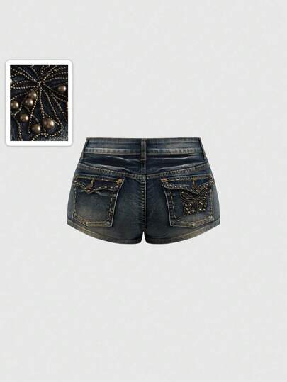 Fairycore Short en jean vintage pour femmes, taille ultra basse, super court, délavé, avec poches, motif papillon et rivets