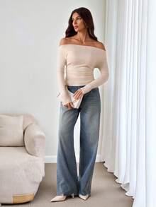 SHEIN Tall 女式纯色露肩褶饰时尚修身毛衣 - 黃色 - 查看 1