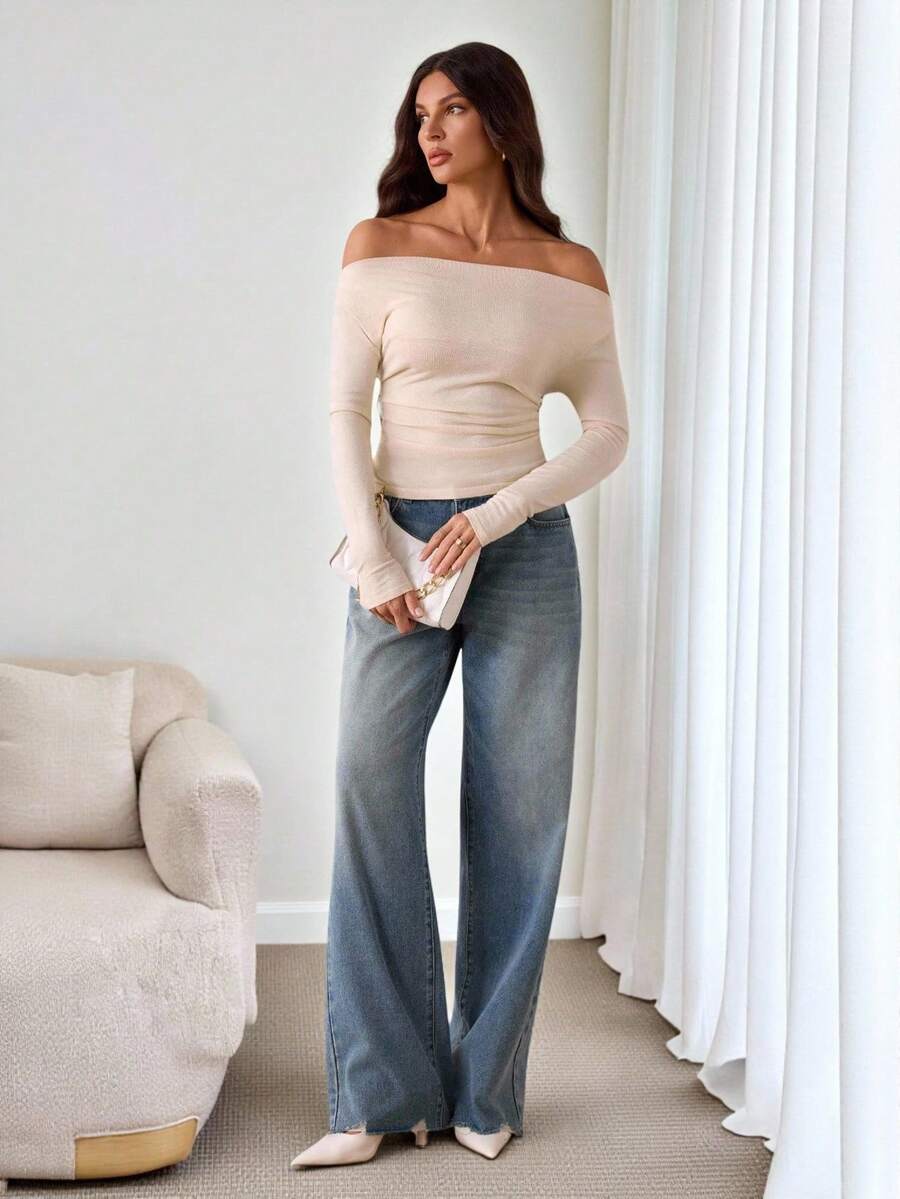 SHEIN Tall 女式纯色露肩褶饰时尚修身毛衣 - 黃色 - 查看 1