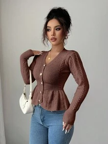Elenzga Women's Elegant Ruffled V-Neck Waist Fitted Knit Cardigan Sweater, Suitable For Holiday & Vacation, Autumn/Winter - Coffee Brown - View 5