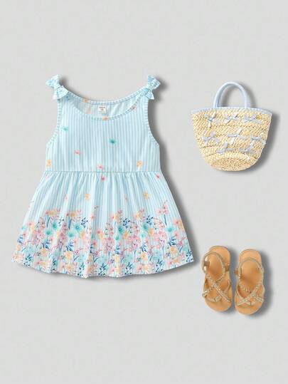 Joliand Joliand 1 件青少年女孩优雅都市可爱碎花条纹蝴蝶结装饰宽松连衣裙，适合日常休闲、郊游、聚会、派对、夏季