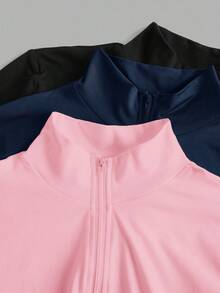 Slaydiva 3 件套女士简约休闲秋冬 V 领拉链紧身长袖 T 恤，白色+黑色+灰色 - 粉色 - 查看 6