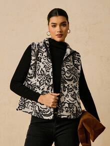 Travachic Chaleco de forro polar con estampado floral bohemio informal con bolsillos para mujer, otoño/invierno, talla grande - Blanco y Negro - Ver 1