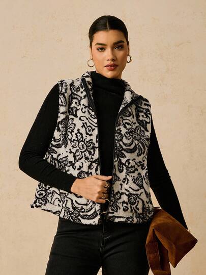 Travachic 秋冬大码休闲波西米亚风花卉印花羊毛背心，带口袋，女士适用