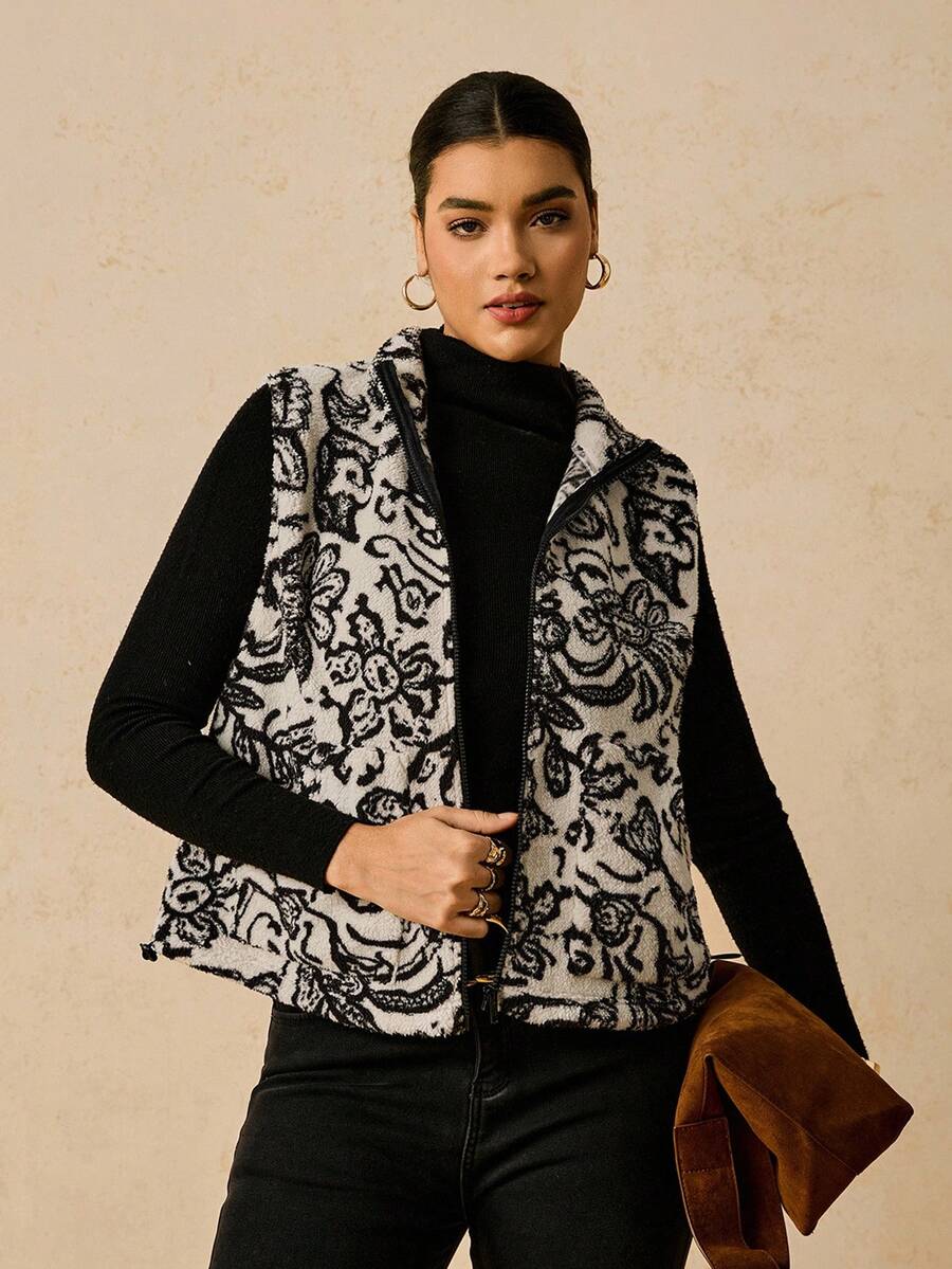 Travachic Chaleco de forro polar con estampado floral bohemio informal con bolsillos para mujer, otoño/invierno, talla grande - Blanco y Negro - Ver 1