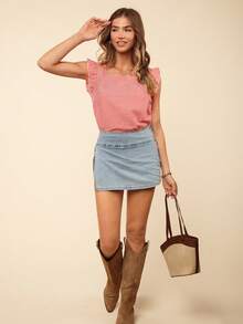 Coeurva Woven Check Pattern Cap Sleeve Square Collar Regular Fit Ladies Shirt, Vacation Style - Red and White - View 2