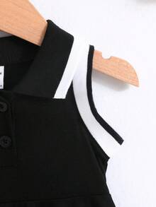 SHEIN Baby Girl Striped Sleeveless Dress With Ruffled Collar For Summer - Black - View 4