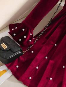 SHEIN Tween Mädchen Elegant Paillettenbesetztes Samt Trompetenärmel Patchwork Rüschen Saum Kleid, geeignet für Weihnachtsparty, weinrotes Halloween Kleid