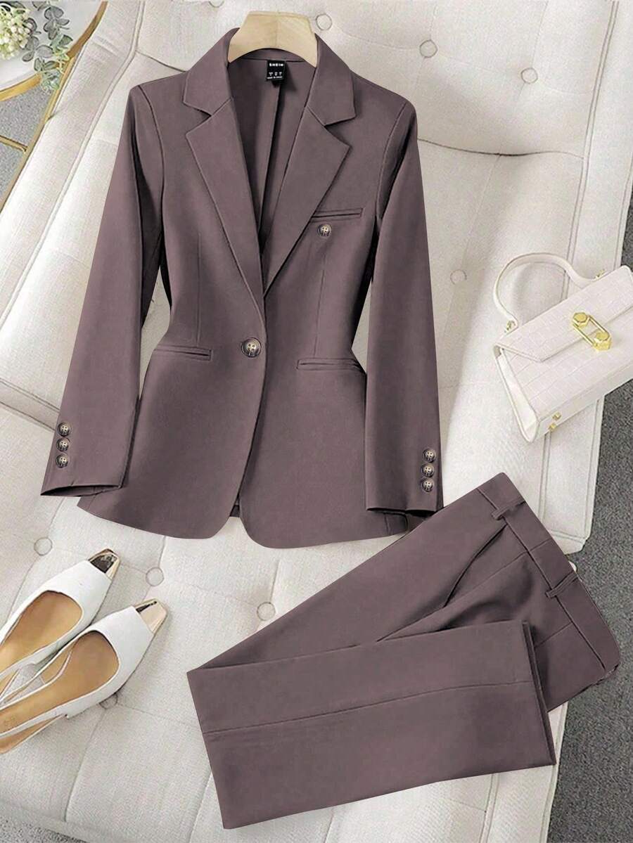 Franclia Bộ đồ nữ màu trơn tối giản hàng ngày, áo khoác dài tay và quần, bộ đồ nữ, bộ đồ Blazer, bộ đồ cho nữ, bộ đồ chuyên nghiệp, bộ đồ nữ, bộ đồ Blazer, quần áo trang trọng - Cà phê nâu - Xem 1