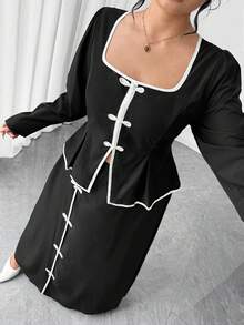 Elenzga Koszula i spódnica damska w dużym rozmiarze z kwadratowym kołnierzykiem i długim rękawem, 2 sztuki, swobodny i stylowy - Czarne i Białe - Zobacz 7