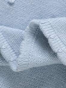 SHEIN Playful Pals Vestido de manga larga de punto azul de moda para niñas pequeñas: cuello redondo, diseño de lunares 3D y cintura, vestido de princesa dulce de estilo suéter para niños