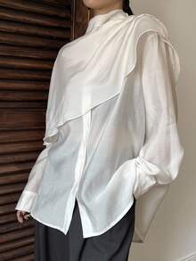 Livesso Women's Loose Chiffon Blouse, Casual Business Office Wear, Long Sleeve, Shawl Collar, Suitable For Spring, Summer, Autumn