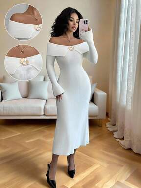 Rafferiza French Casual Style Fitted Off Shoulder Long Sleeve Knit Metal Ring Design Flared Cuff Beige Women Sweater Dress, Autumn/Winter,White Dress For Civil Wedding Elegant Dresses For Women Winter Dress Autumn Outfits For Women