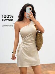 SHEIN PETITE Apricot Asymmetrical Neck Mini Dress With Knot Detail For Casual Summer Style One Shoulder Sleeve Beige Vacation - Apricot - View 6
