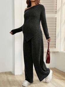 SHEIN Bộ 2 món đồ bà bầu thường ngày/công sở màu trơn không đối xứng áo và quần - Màu xám đen - Xem 3