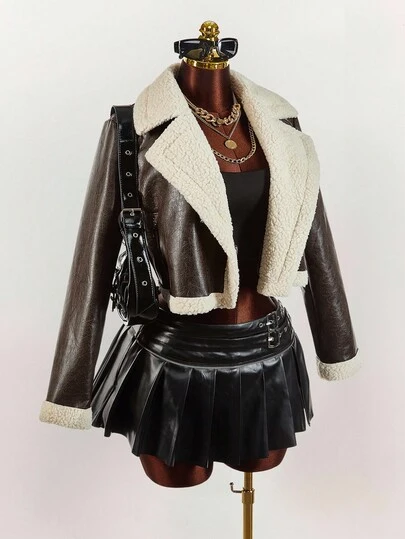  Y2K Amplova 女款冬季皮草和皮革飞行员夹克，大翻领短款皮夹克，女士皮革服装