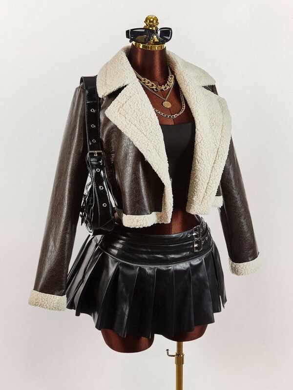 Amplova Chaqueta bomber de mujer Amplova de invierno con piel y cuero, con solapas grandes, chaqueta de cuero corta, atuendos de cuero para mujer