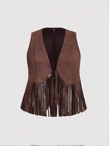 SHEIN MOD 大码女式纯色无袖麂皮流苏下摆休闲外套，度假装，秋季，女装，锐舞节，演唱会，70年代复古风，文艺复兴风格，秋季外套，外出流苏背心西部风 - 棕色 - 查看 1